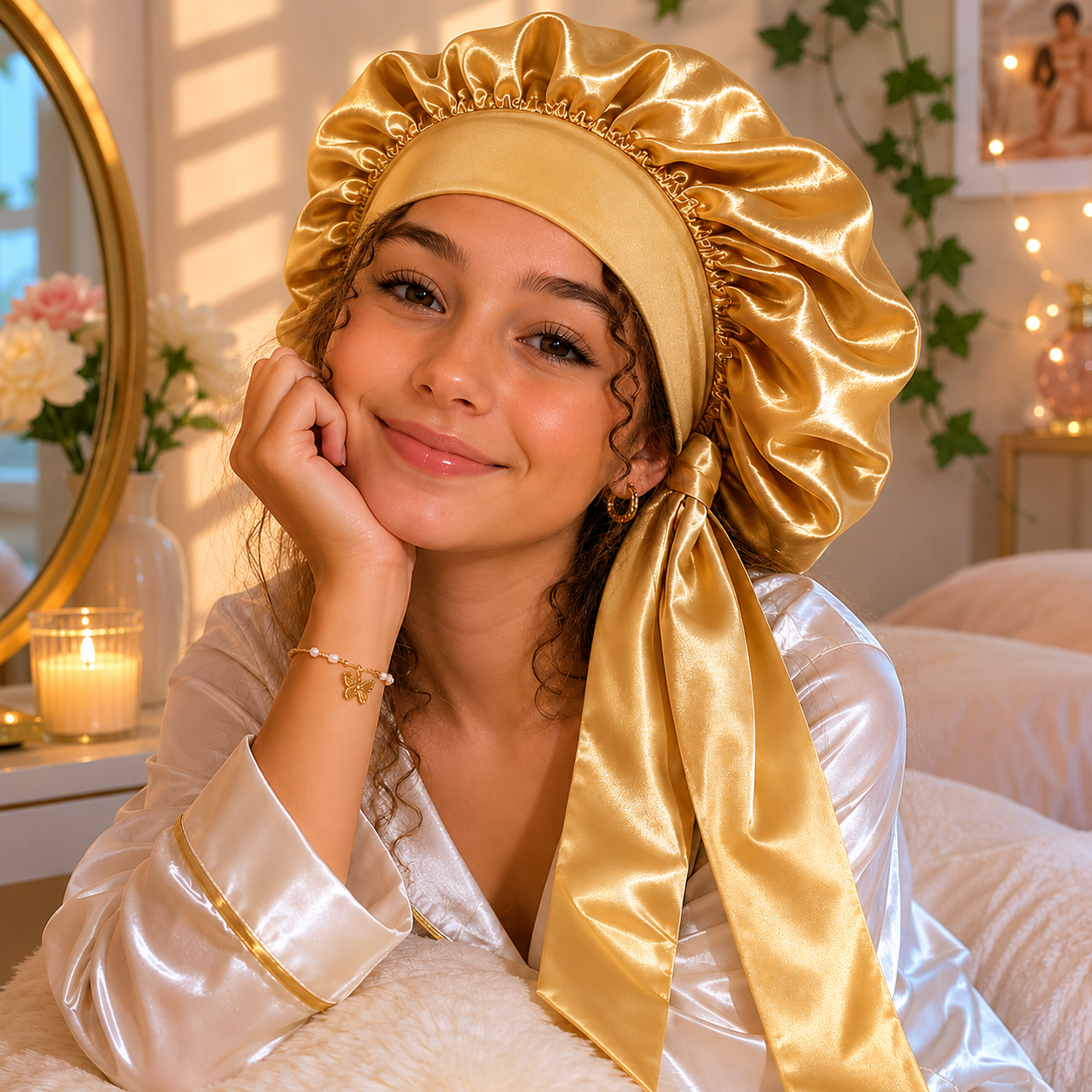 Bonnet satin cheveux bouclés - DreamBonnet™ - Beauté Jouvence